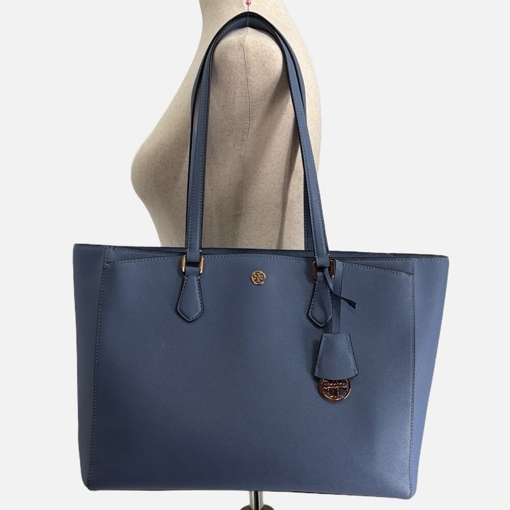 Tory Burch Robinson Saffiano Leather Tote Bluewood Triple Compartment Work Bag
